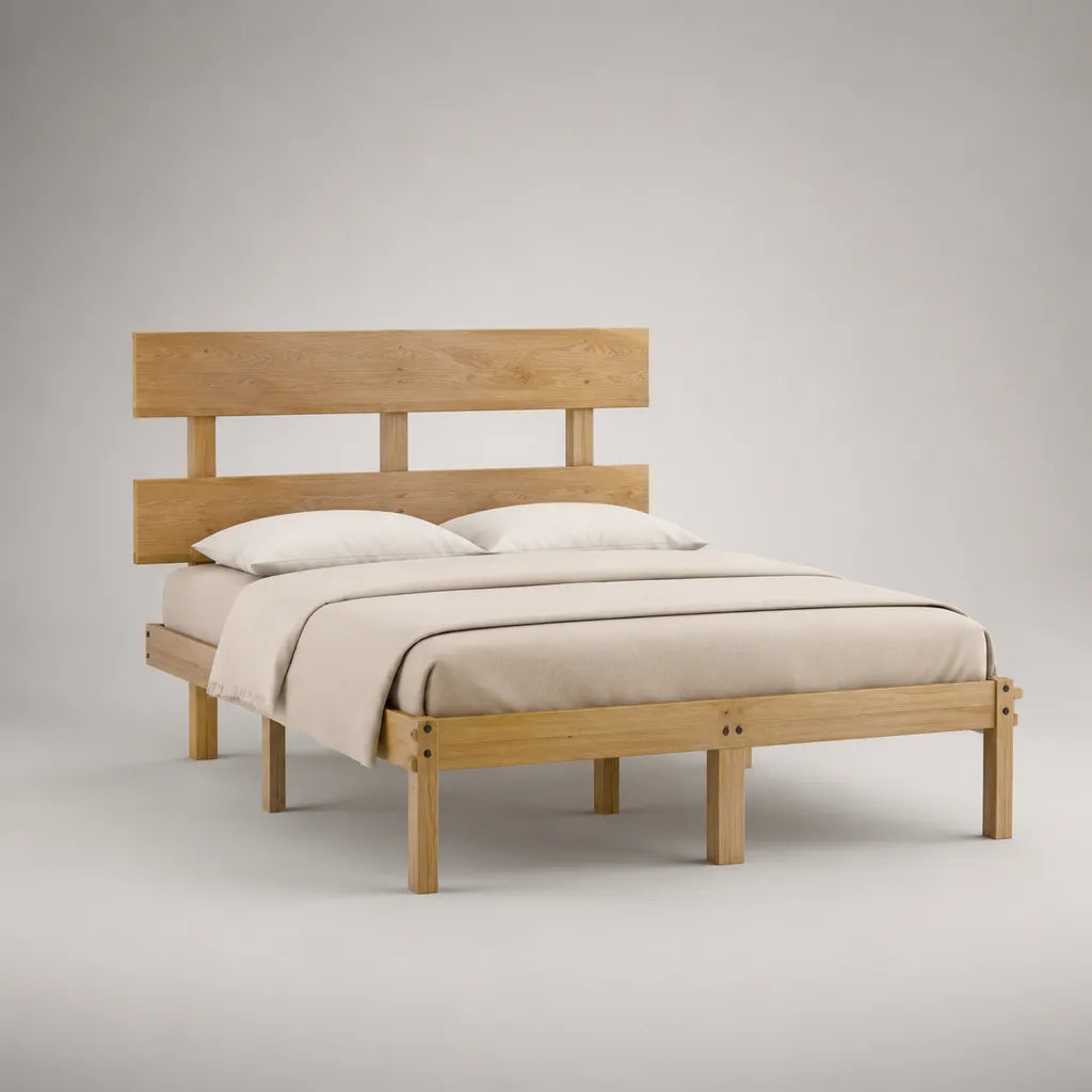 Lit double 160 x 200 cm en pin massif naturel avec sommier à lattes et tête de lit, 218 x 168 x 112 cm