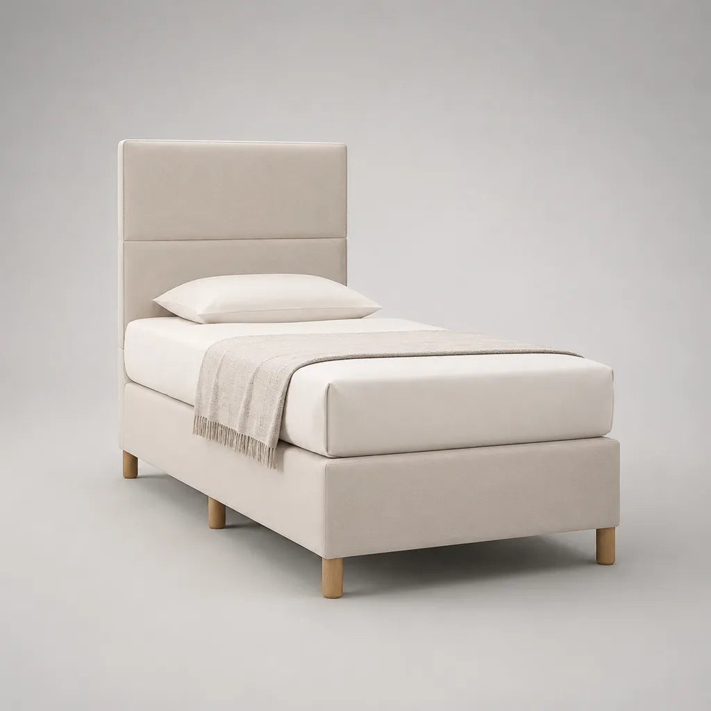 Lit simple rembourré en polyester beige avec sommier à lattes, couchage 90 x 190 cm, dimensions 200 x 98 x 120 cm