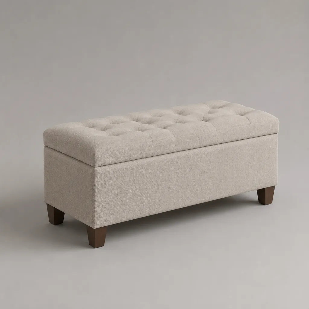 Banc coffre rectangulaire capitonné en polyester beige clair avec pieds en hévéa massif, 100 × 40 × 48 cm