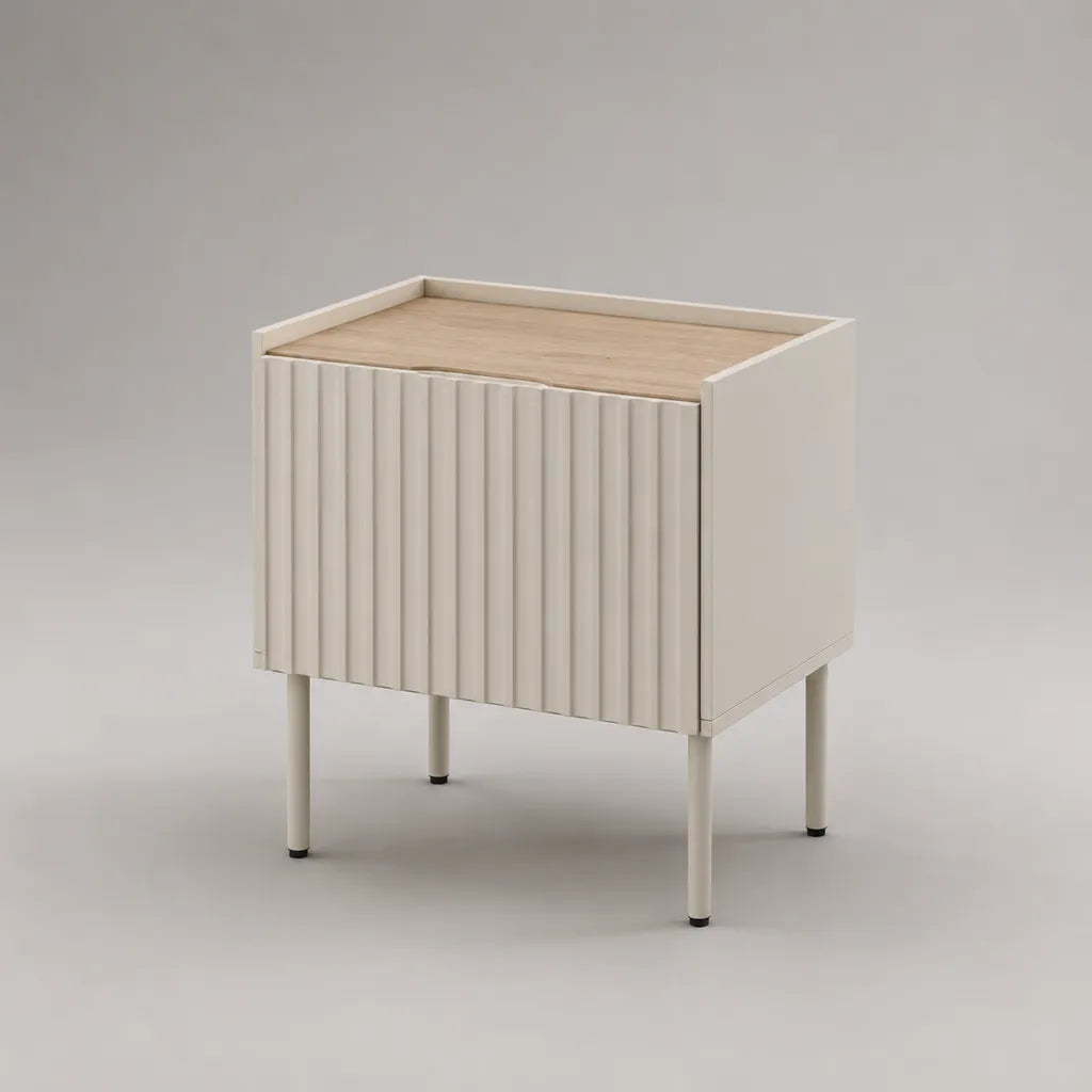 Table de chevet rectangulaire avec rangement fermé en MDF et acier, crème et chêne clair, 45 × 40 × 60 cm