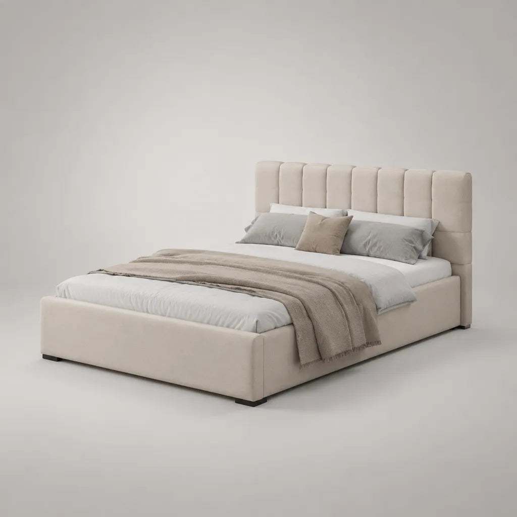 Lit double rembourré en tissu beige, couchage 160 × 200 cm, dimensions 220 × 177 × 112 cm, tête de lit à panneaux
