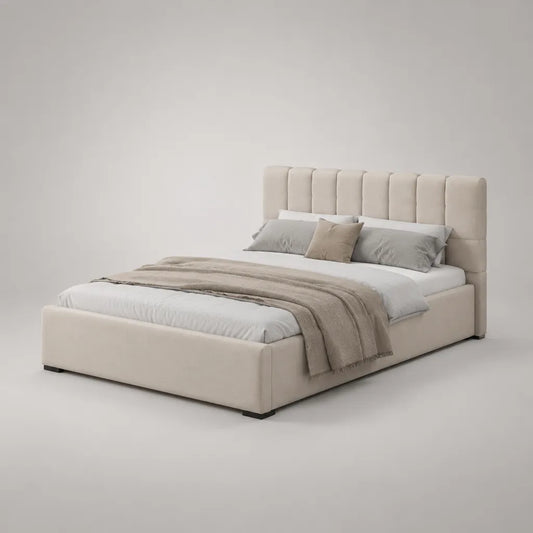 Lit double rembourré en tissu beige, couchage 160 × 200 cm, dimensions 220 × 177 × 112 cm, tête de lit à panneaux