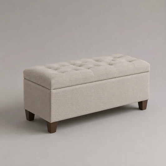 Banc coffre rectangulaire capitonné en polyester beige clair avec pieds en hévéa massif, 100 × 40 × 48 cm