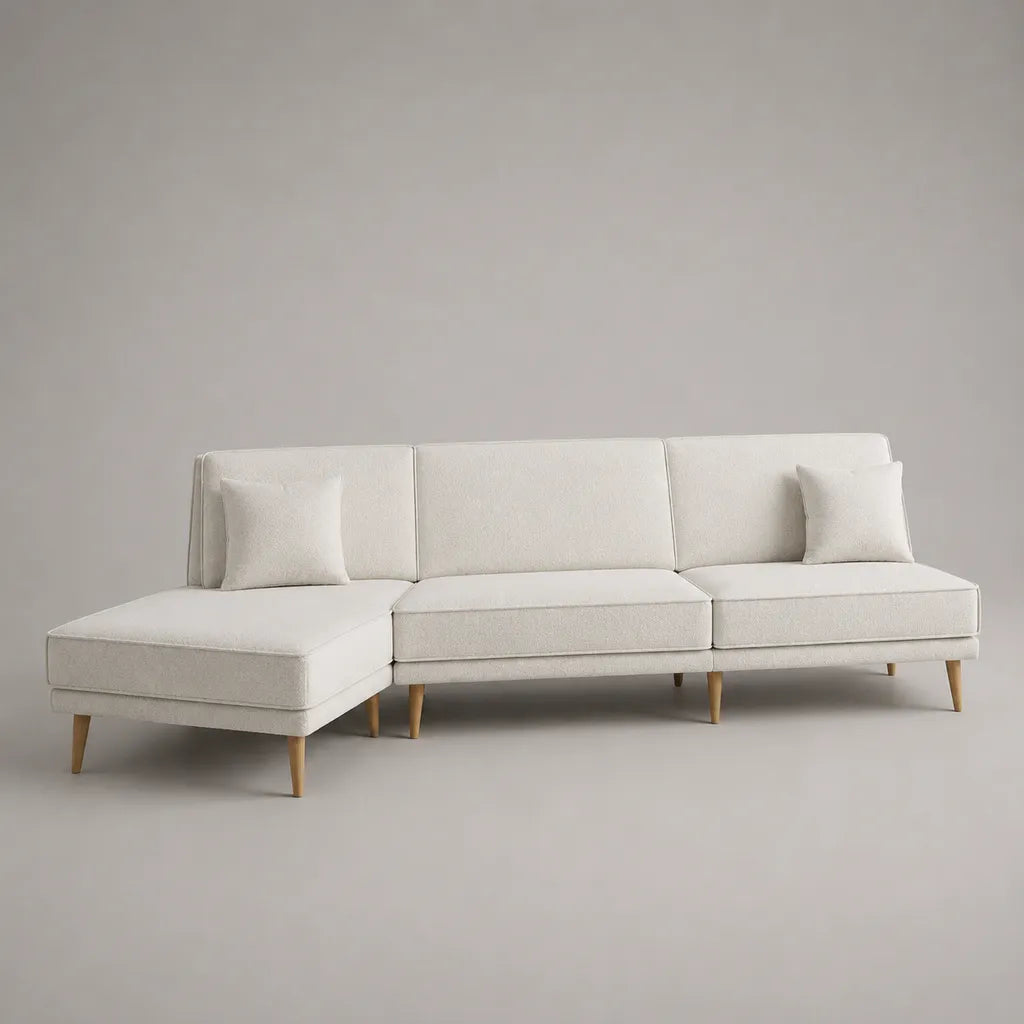 Canapé d’angle 3 places en tissu bouclé blanc cassé, méridienne gauche et pieds en bois, 260 × 160 × 82 cm