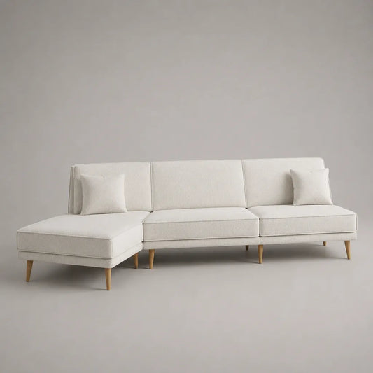 Canapé d’angle 3 places en tissu bouclé blanc cassé, méridienne gauche et pieds en bois, 260 × 160 × 82 cm