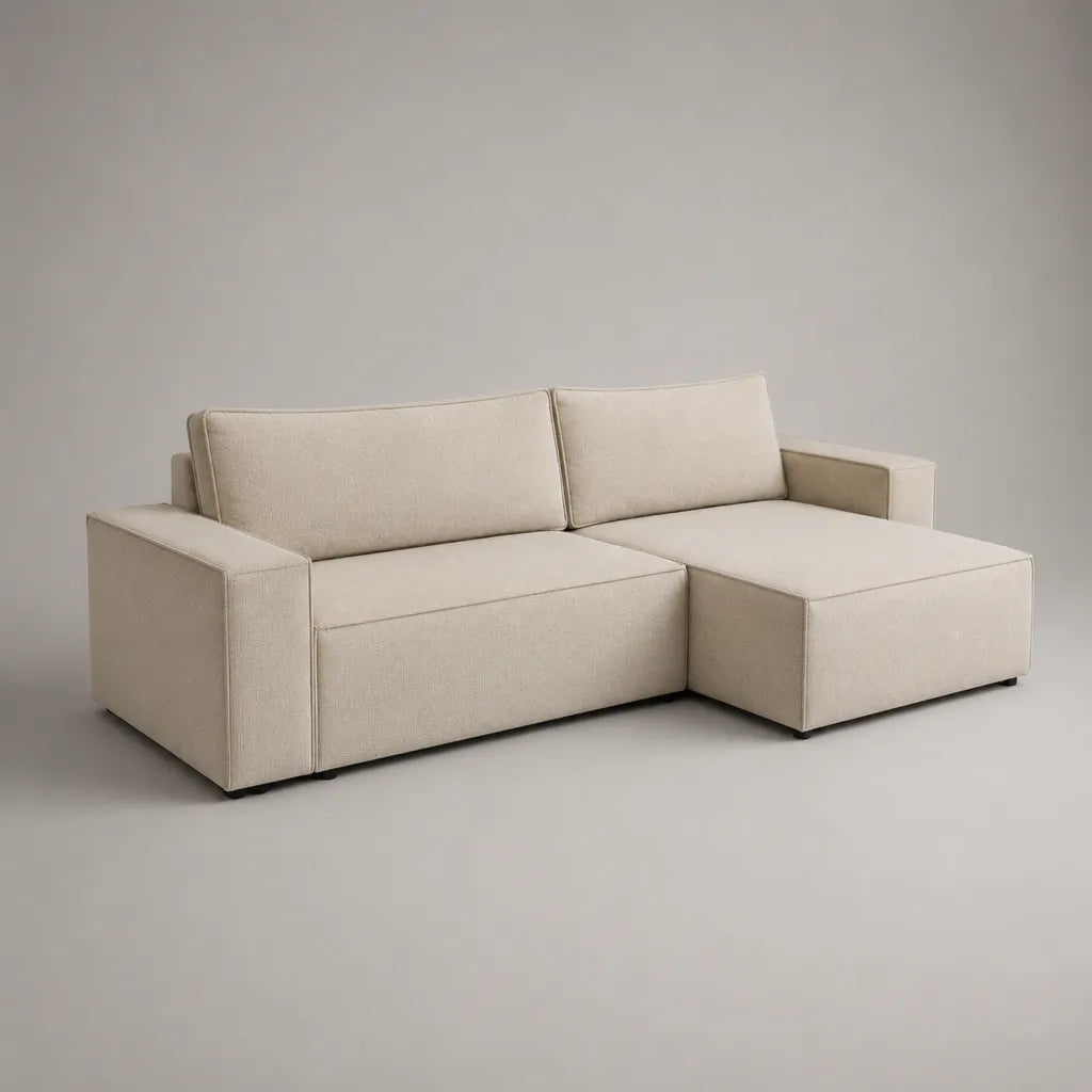Canapé d’angle 3 places avec méridienne à droite, revêtement en polyester beige, 230 × 150 × 85 cm