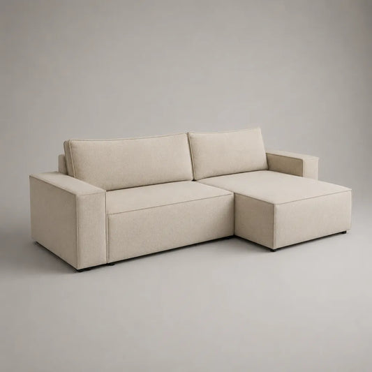 Canapé d’angle 3 places avec méridienne à droite, revêtement en polyester beige, 230 × 150 × 85 cm
