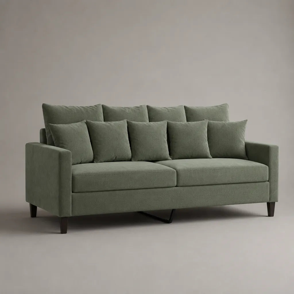 Canapé droit 3 places en polyester vert sauge avec coussins, 210 × 90 × 88 cm