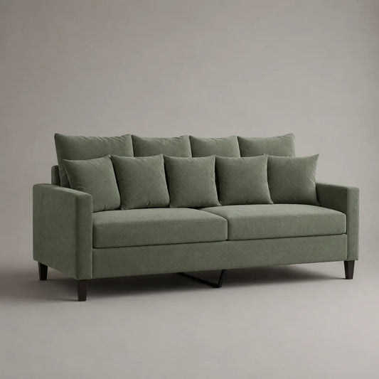 Canapé droit 3 places en polyester vert sauge avec coussins, 210 × 90 × 88 cm