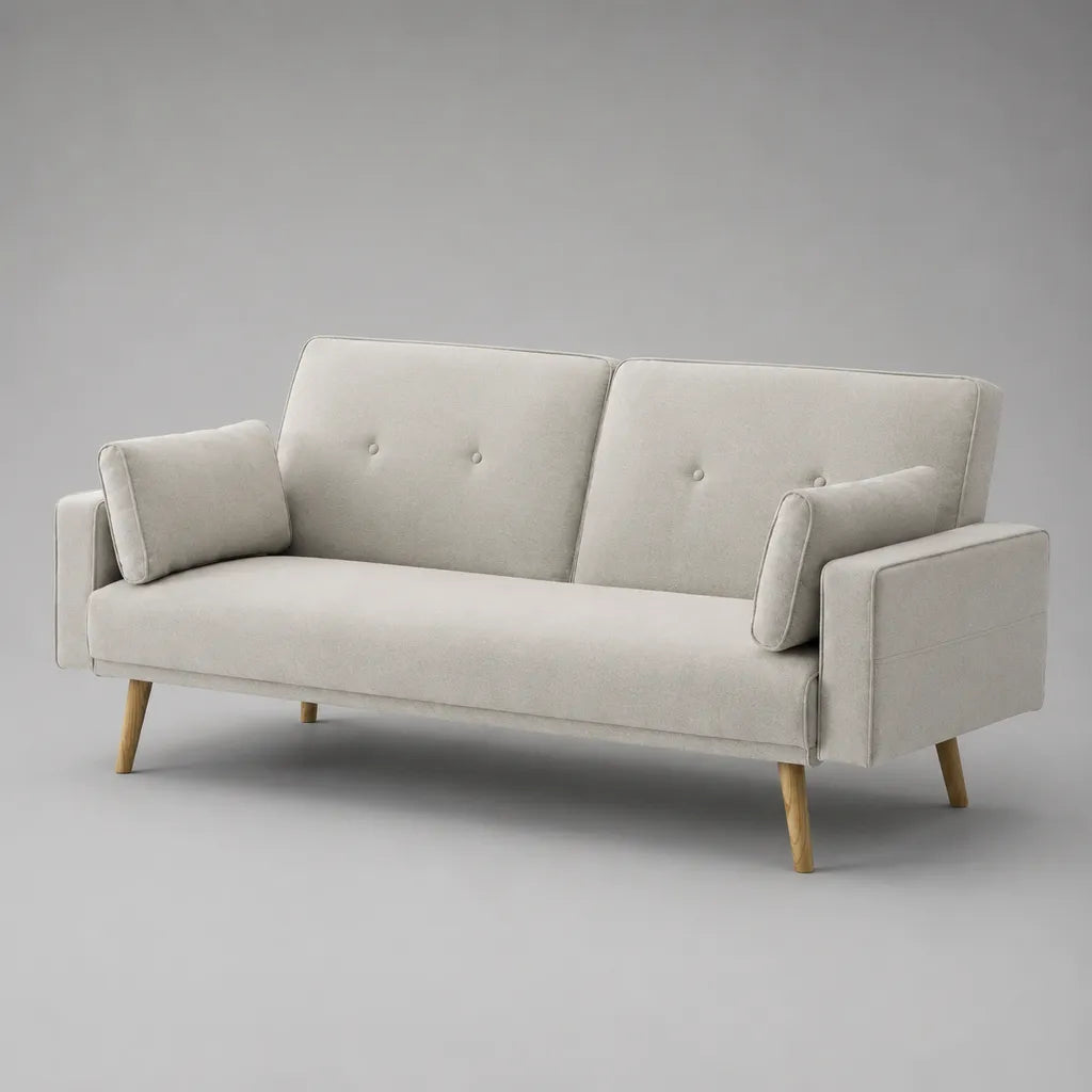 Canapé convertible clic-clac droit 3 places en tissu beige clair avec pieds en bois, 190 × 82 × 82 cm