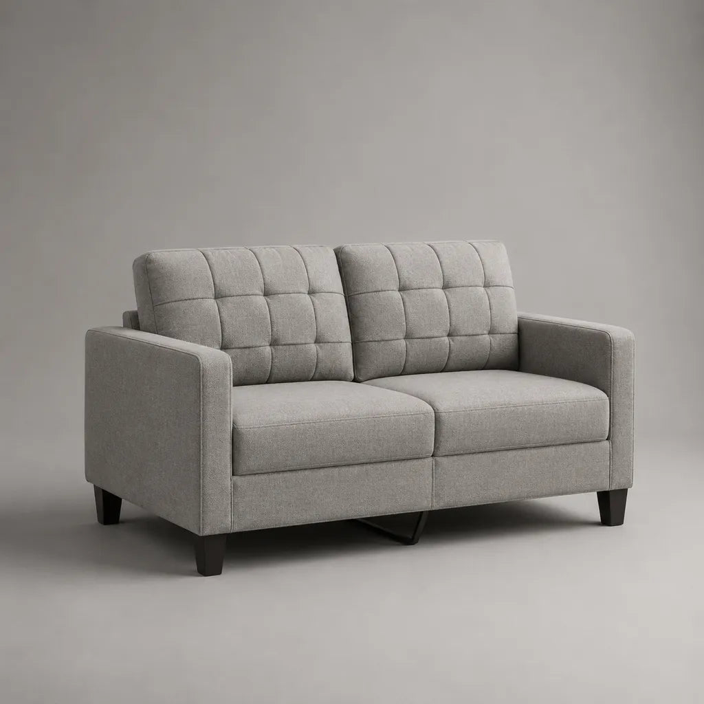 Canapé droit 2 places en tissu gris clair avec dossier capitonné, 152 × 84 × 85 cm