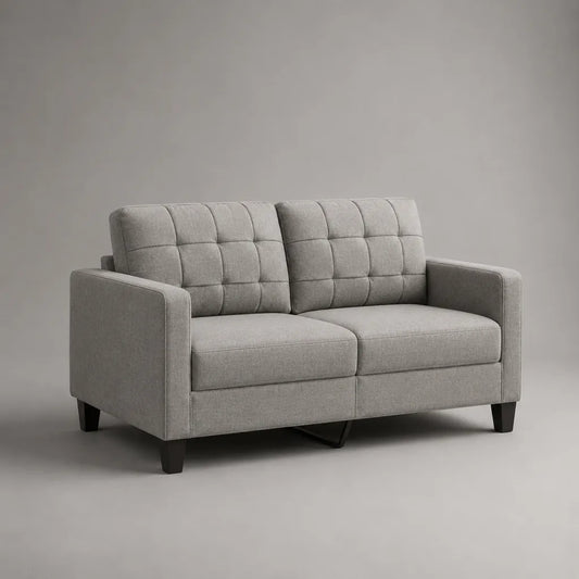 Canapé droit 2 places en tissu gris clair avec dossier capitonné, 152 × 84 × 85 cm
