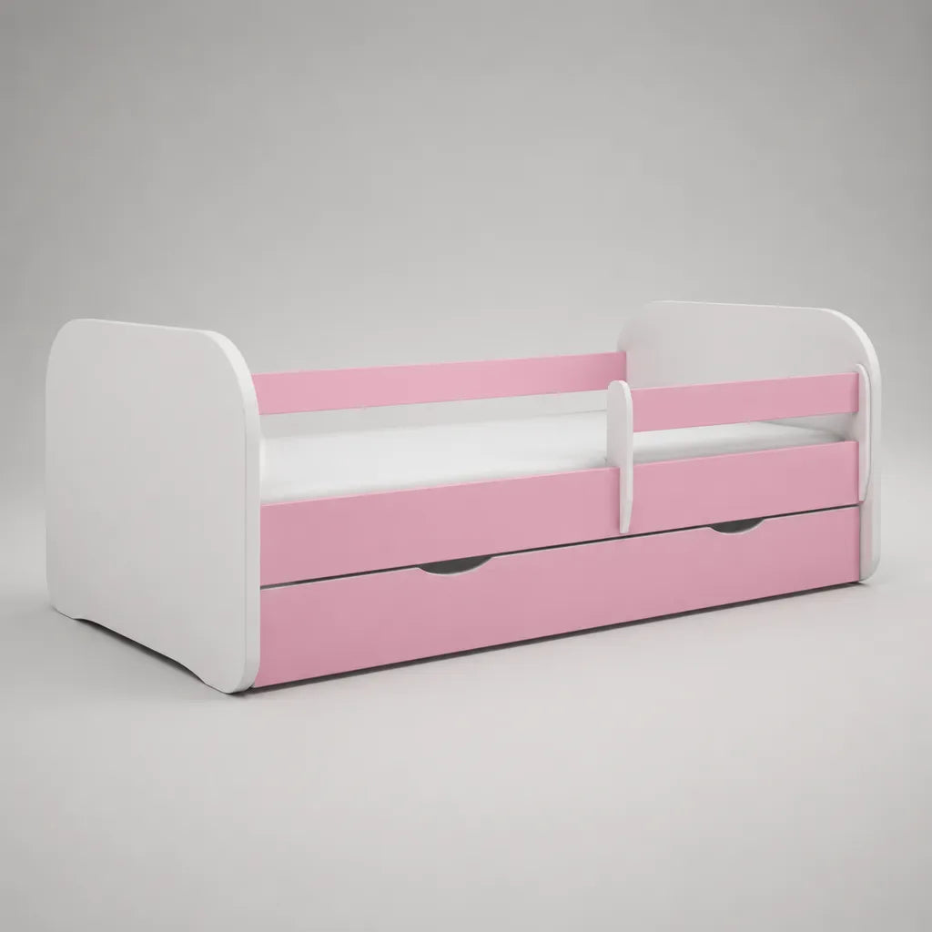 Lit enfant en MDF rose et blanc 80 × 160 cm avec barrières latérales et tiroir de rangement