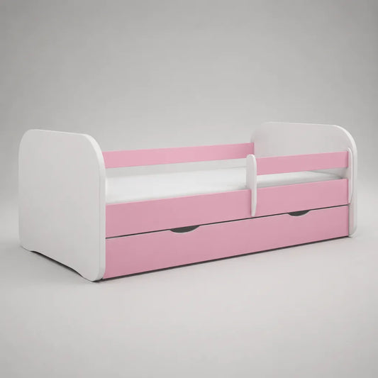 Lit enfant en MDF rose et blanc 80 × 160 cm avec barrières latérales et tiroir de rangement
