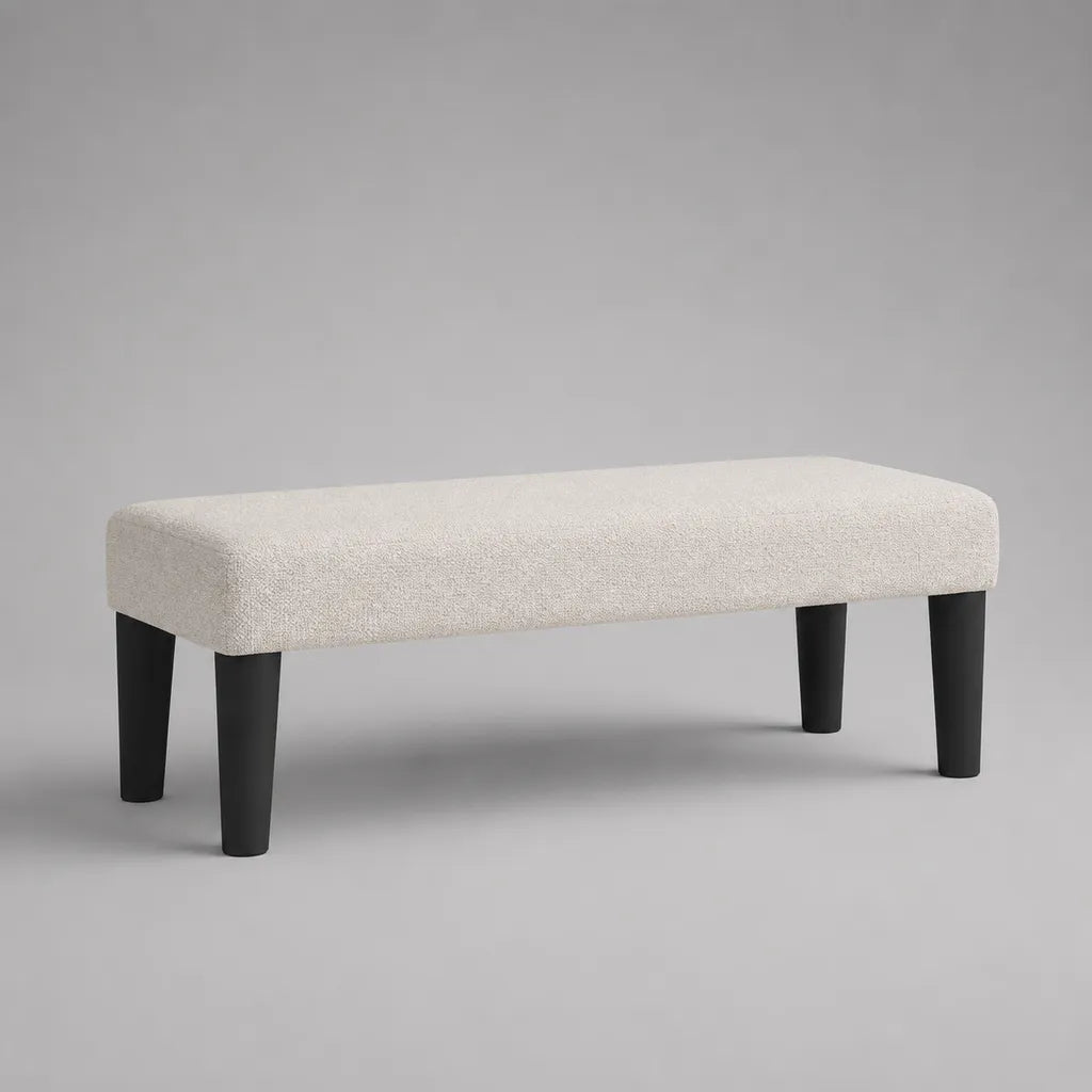 Banc rectangulaire en tissu écru avec pieds en bois noirs, 120 × 40 × 45 cm
