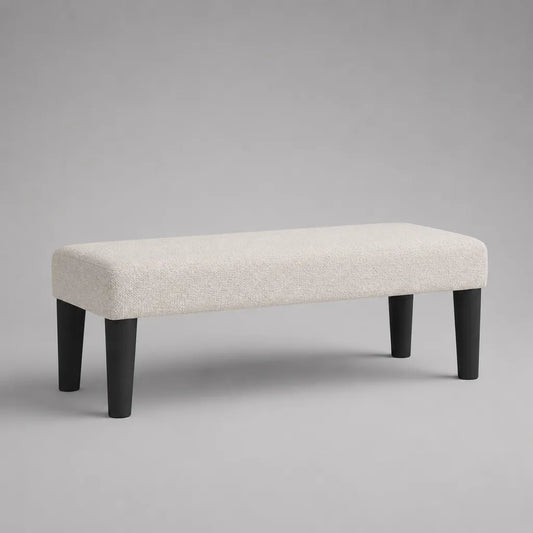 Banc rectangulaire en tissu écru avec pieds en bois noirs, 120 × 40 × 45 cm