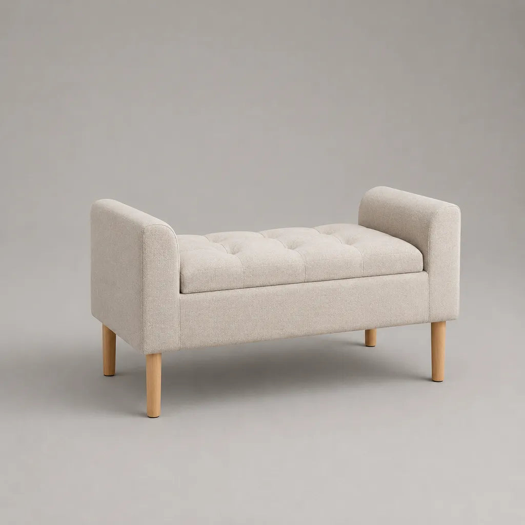 Banc rembourré en tissu avec accoudoirs et pieds en bois, beige et bois naturel, 110 × 42 × 60 cm