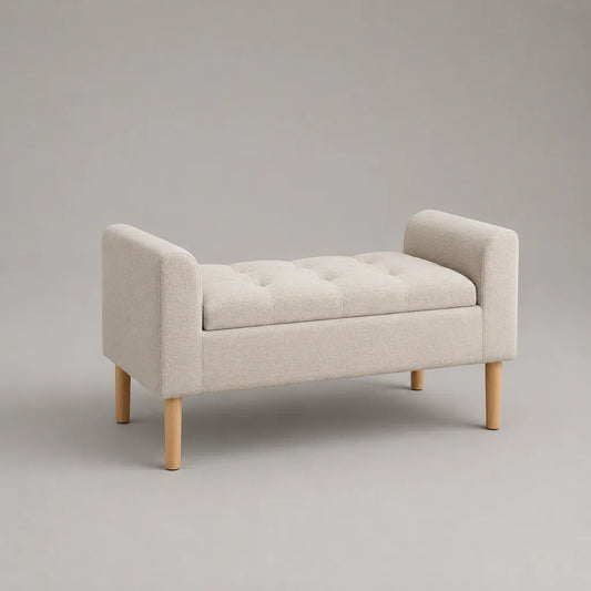 Banc rembourré en tissu avec accoudoirs et pieds en bois, beige et bois naturel, 110 × 42 × 60 cm
