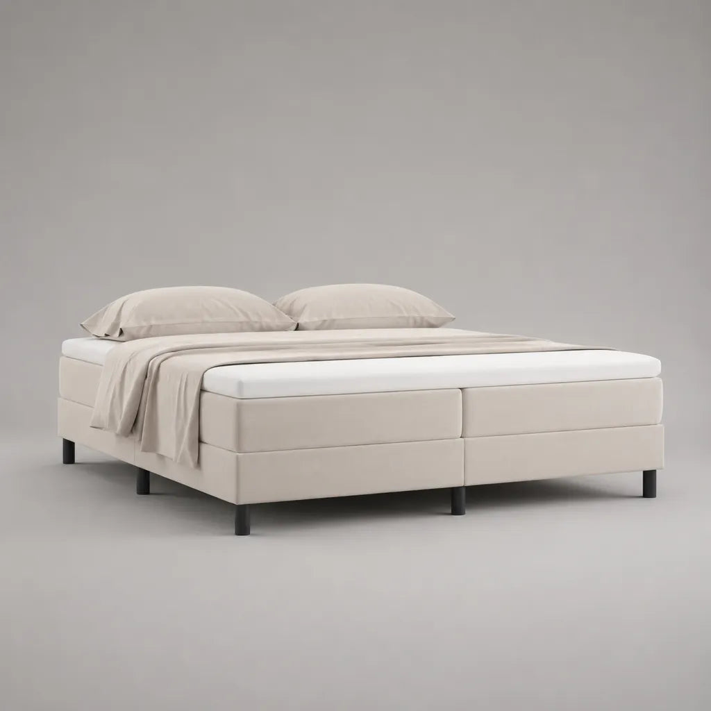 Ensemble lit double 160 × 200 cm en tissu beige avec 2 sommiers tapissiers, 2 matelas à ressorts ensachés et surmatelas