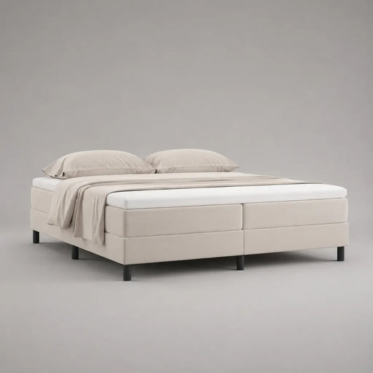Ensemble lit double 160 × 200 cm en tissu beige avec 2 sommiers tapissiers, 2 matelas à ressorts ensachés et surmatelas