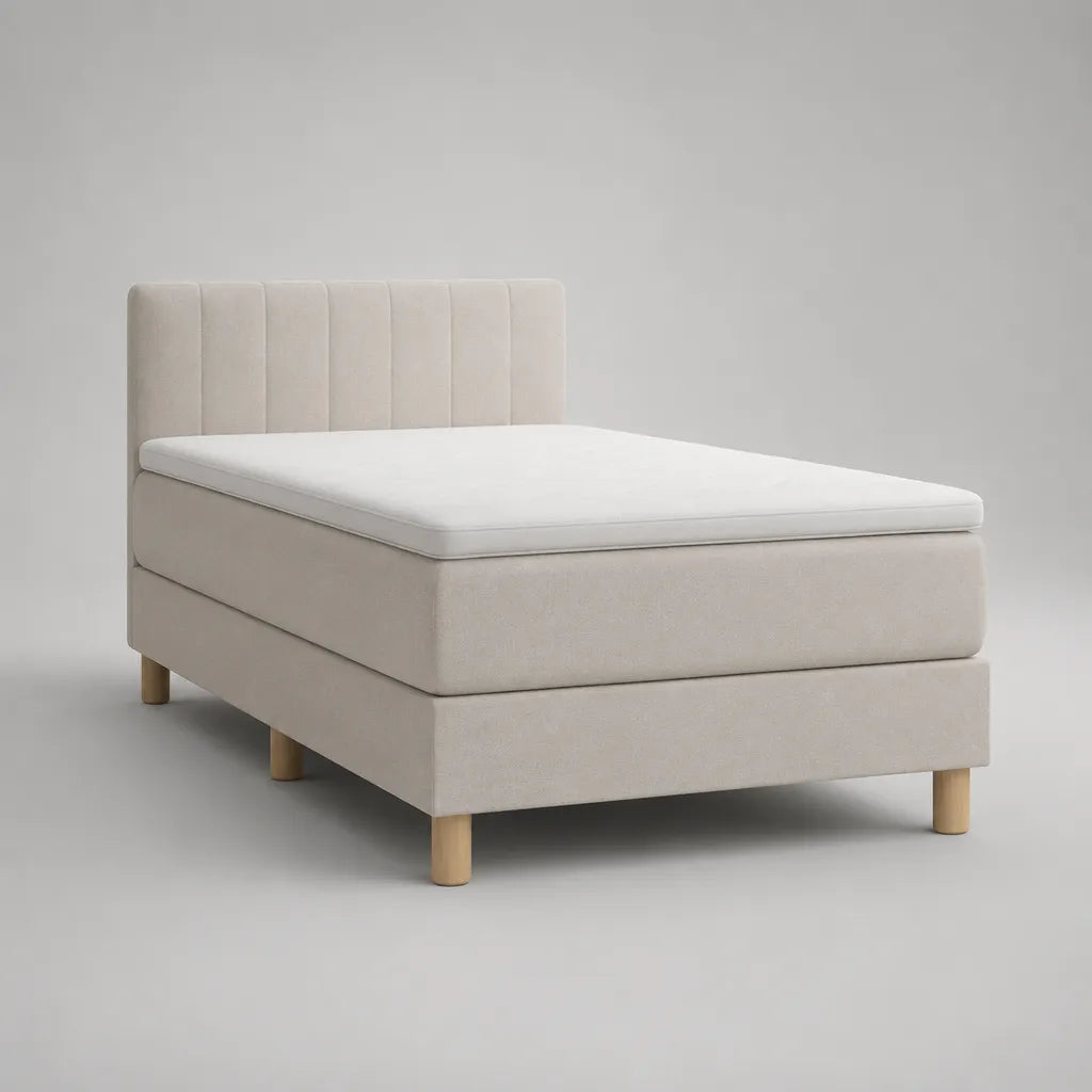 Lit tapissier 2 places en tissu beige crème avec tête de lit, matelas et surmatelas, couchage 140 × 200 cm, dimensions 146 × 210 × 112 cm