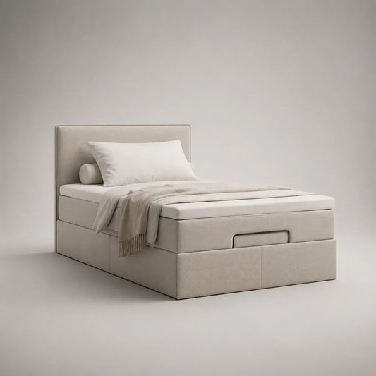 Lit coffre une place en tissu beige avec matelas et tête de lit, couchage 90 × 190 cm