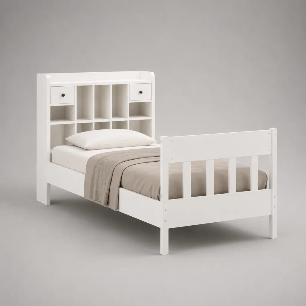 Lit simple rectangulaire 90 x 190 cm en pin massif et MDF blanc avec tête de lit à rangements