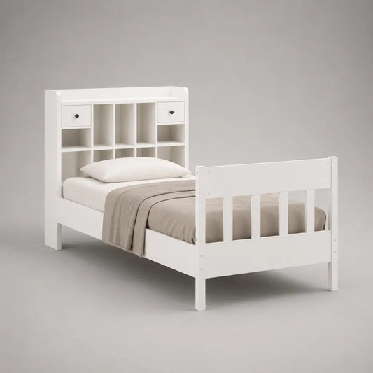 Lit simple rectangulaire 90 x 190 cm en pin massif et MDF blanc avec tête de lit à rangements