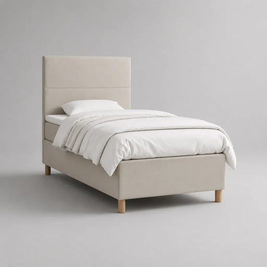 Lit simple rembourré en tissu beige 90 × 190 cm avec sommier à lattes et tête de lit, 99 × 203 × 110 cm